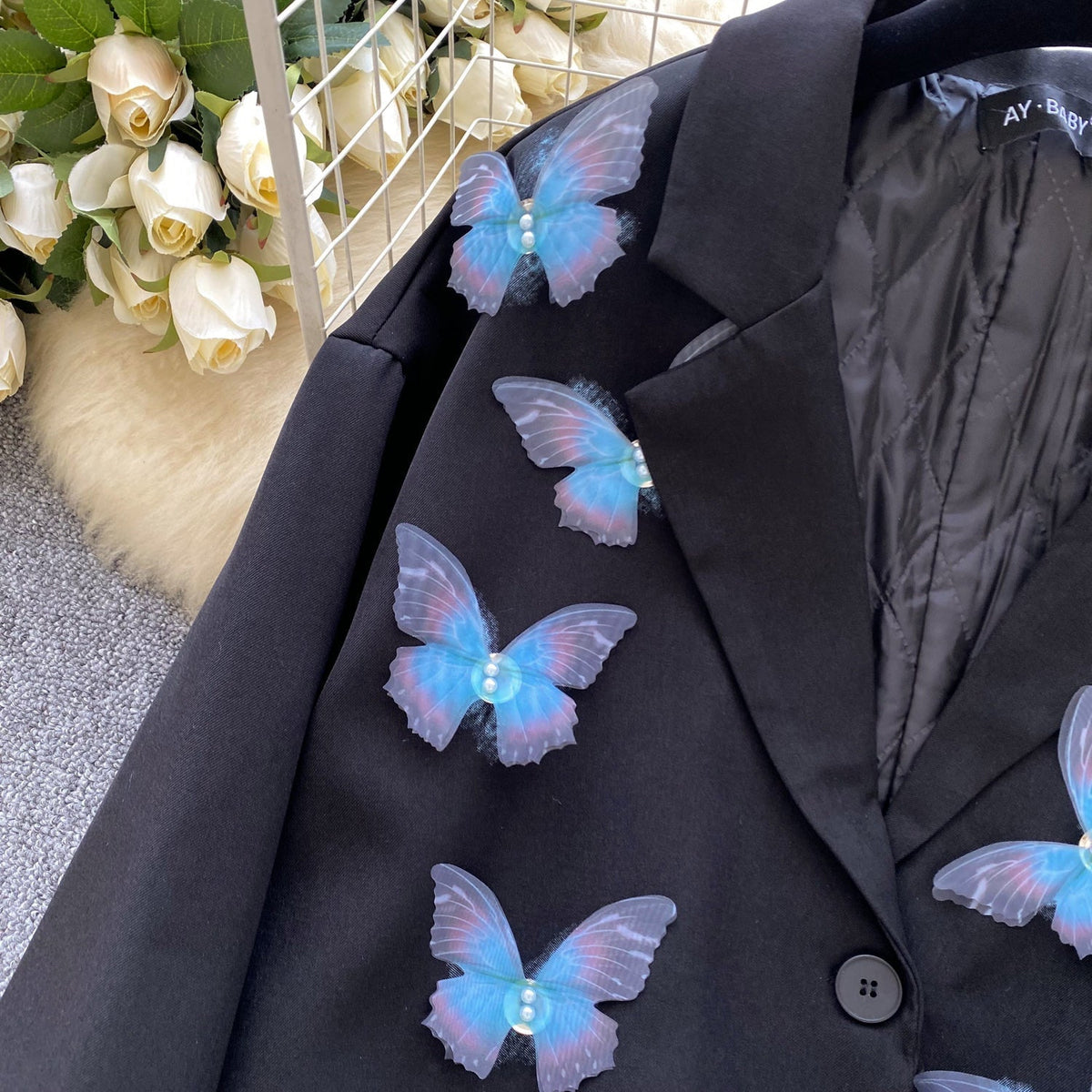3D Mavi Kelebek Siyah Blazer