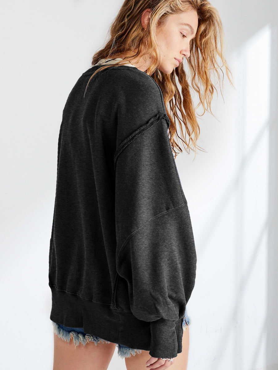 Yuvarlak Yaka Bol Kesim Yıpranmış Sweatshirt