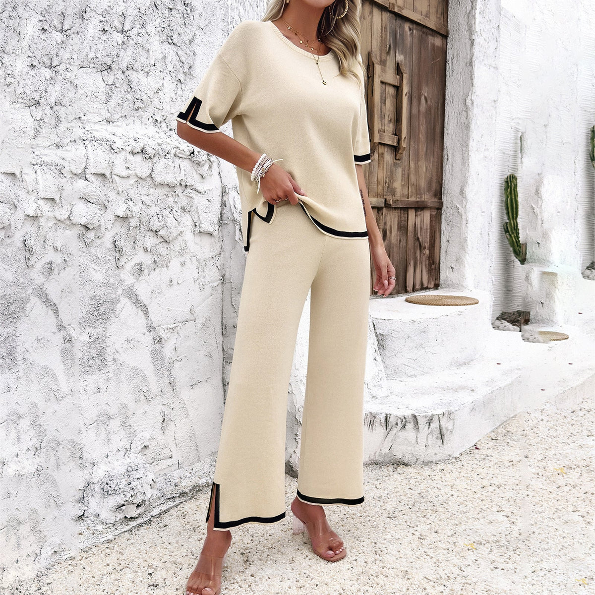 Pauline | Şık Kadın Moda Temperament Günlük Kısa Kol Triko Takım
