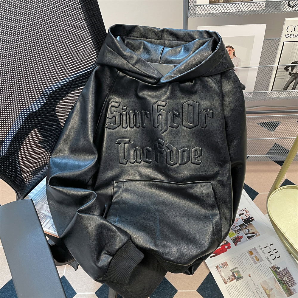 Şık Siyah PU Heykelsi Hoodie