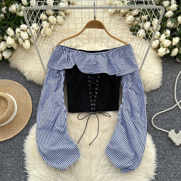 Omuz Açık Çizgili Patchwork Üst