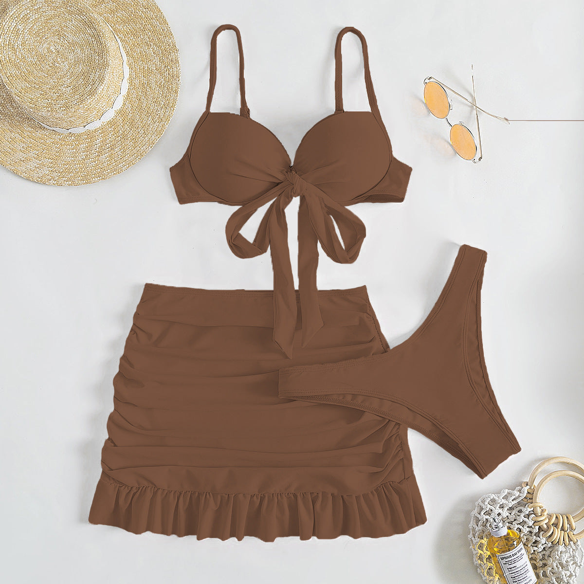 Düz Renk Üç Parça Yüksek Sarma Bikini