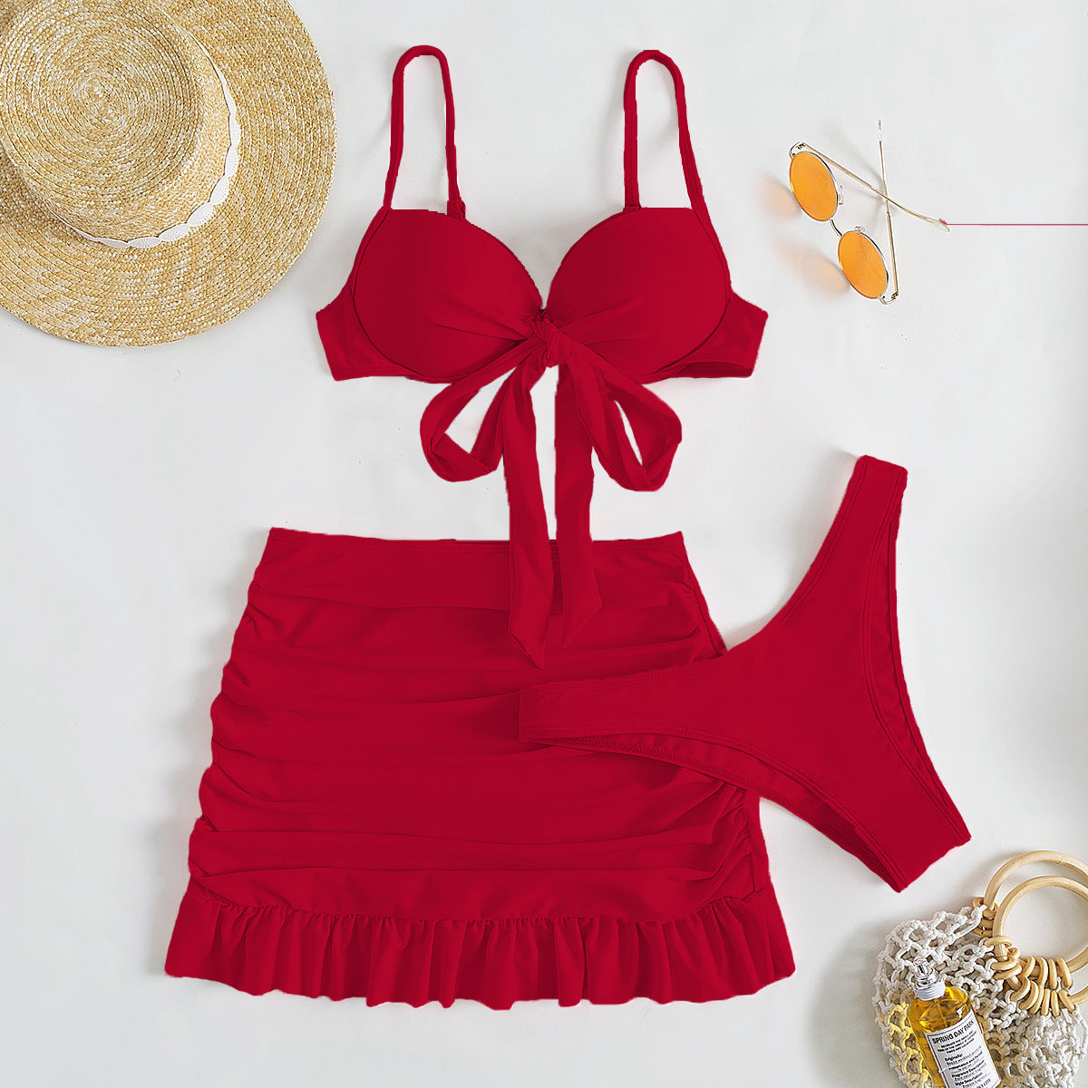 Düz Renk Üç Parça Yüksek Sarma Bikini