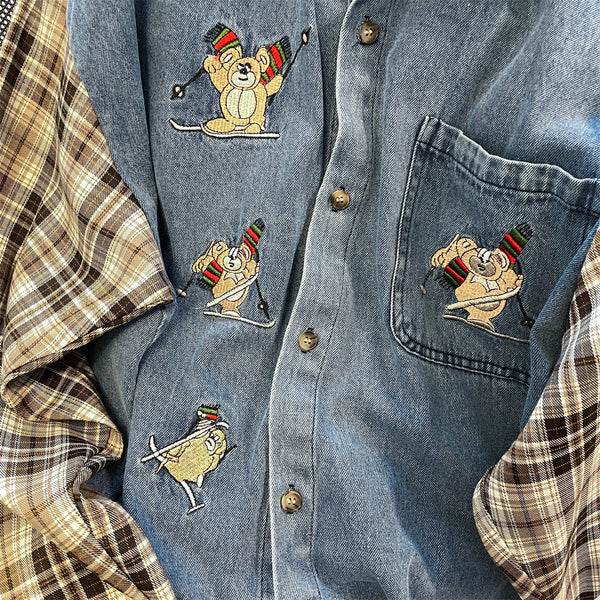 Vintage Denim Patchwork Ekose Gömlek