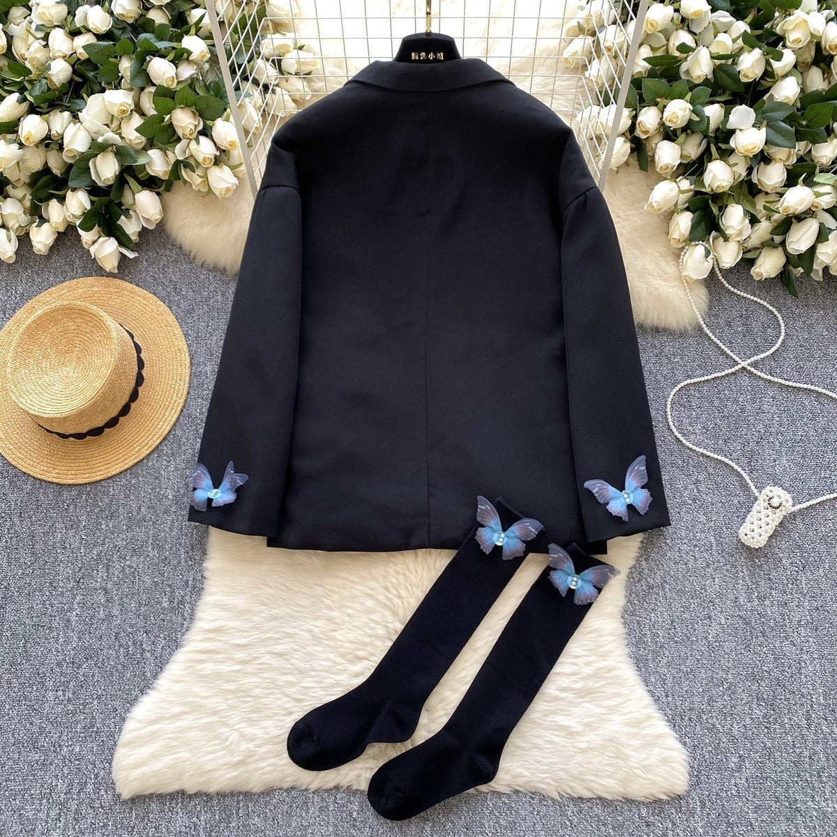 3D Mavi Kelebek Siyah Blazer