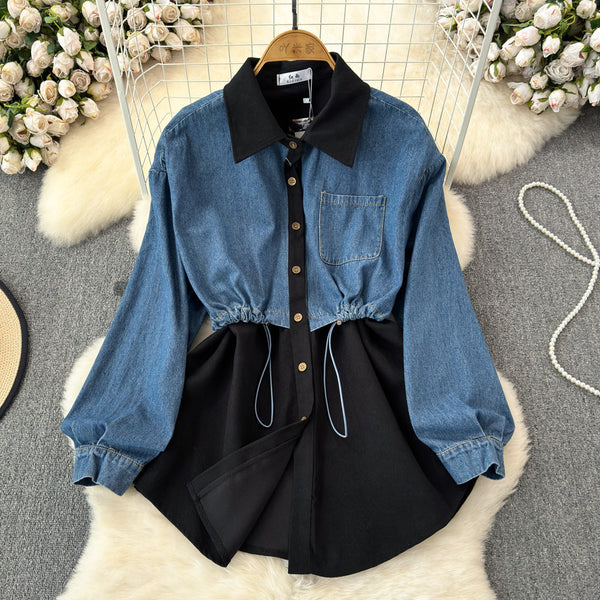 Şık Denim Patchwork Esnek Gömlek