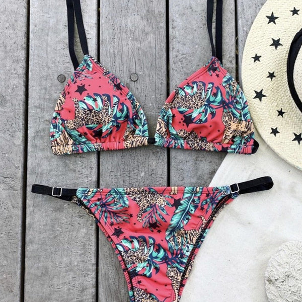 Renkli Leopar Desenli Bağcıklı Bikini