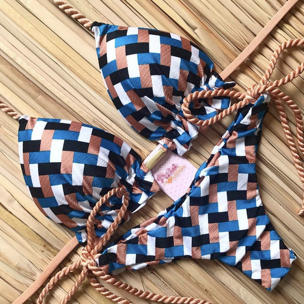 Ekoseli Baskılı Bağcıklı Bikini