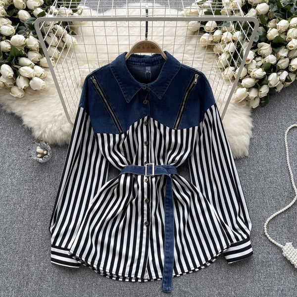 Niş Çizgili Patchwork Denim Gömlek