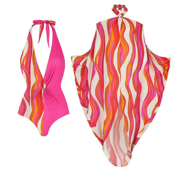V-yaka Halter Mayo&Elbise Baskılı 2 Parça