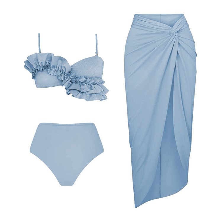 Fırfırlı Düz Renk Tankini & Sarma Etek 2 Parça