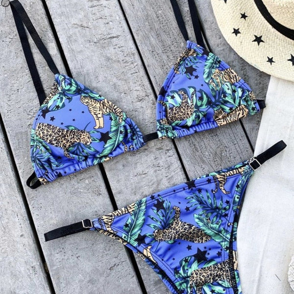 Renkli Leopar Desenli Bağcıklı Bikini