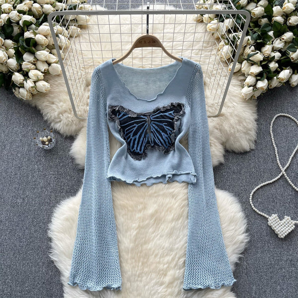 Vintage Kelebek Desenli Triko Bluz