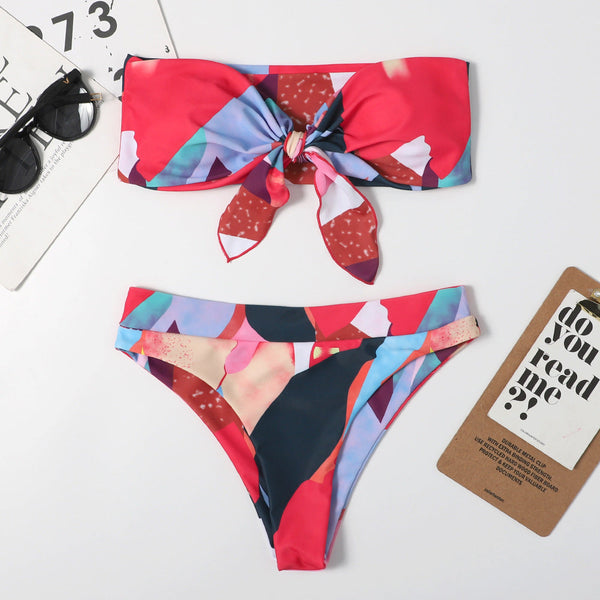 Düğümlü Çiçek Desenli Straplez Bikini