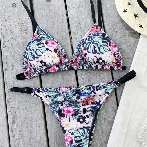 Renkli Leopar Desenli Bağcıklı Bikini
