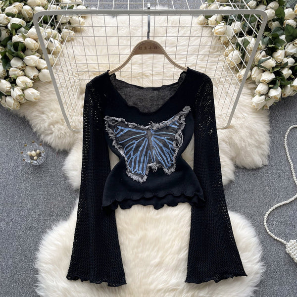 Vintage Kelebek Desenli Triko Bluz