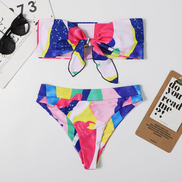 Düğümlü Çiçek Desenli Straplez Bikini