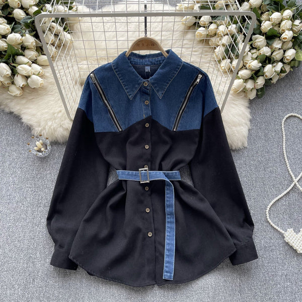 Niş Çizgili Patchwork Denim Gömlek