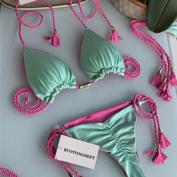 Renkli Sırt Açık Örgü İp Bikini