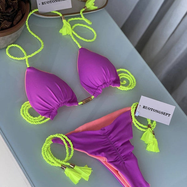 Renkli Sırt Açık Örgü İp Bikini