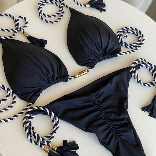 Renkli Sırt Açık Örgü İp Bikini