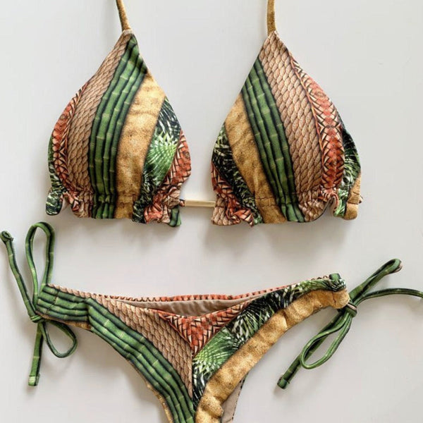 Renkli Baskılı Bağcıklı Bikini