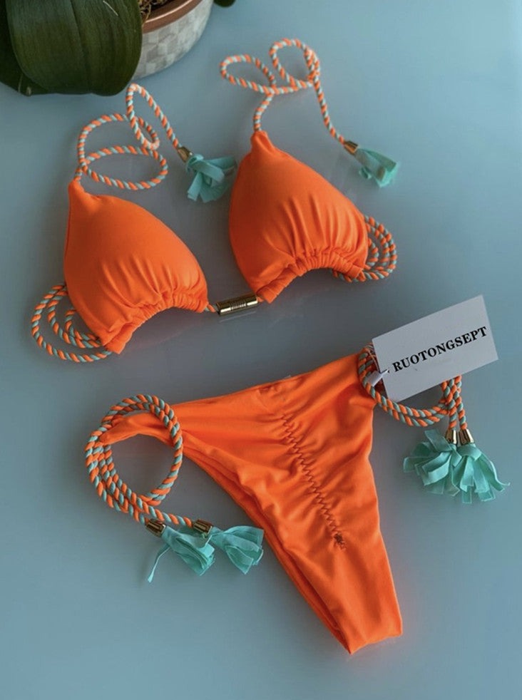 Renkli Sırt Açık Örgü İp Bikini