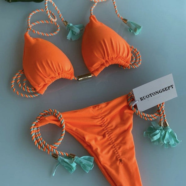 Renkli Sırt Açık Örgü İp Bikini