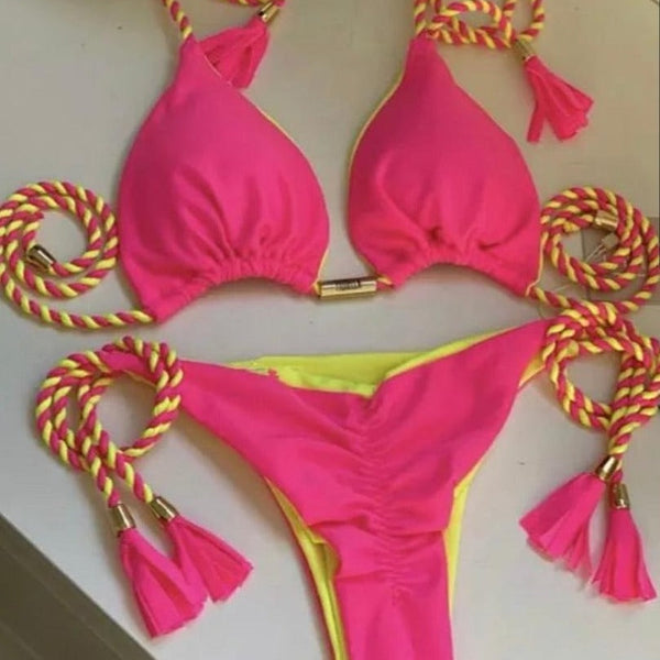Renkli Sırt Açık Örgü İp Bikini