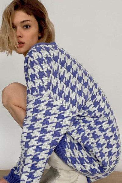 Büyük Beden Houndstooth Desenli Triko Hırka