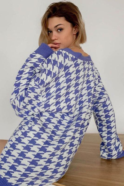 Büyük Beden Houndstooth Desenli Triko Hırka