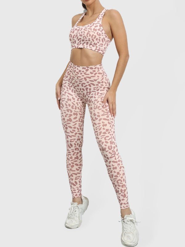 Leopar Desenli, Güzel Sırt, Dar Spor Takımı, Şeftali Renkli, Bel Yüksek Fitness Kıyafeti