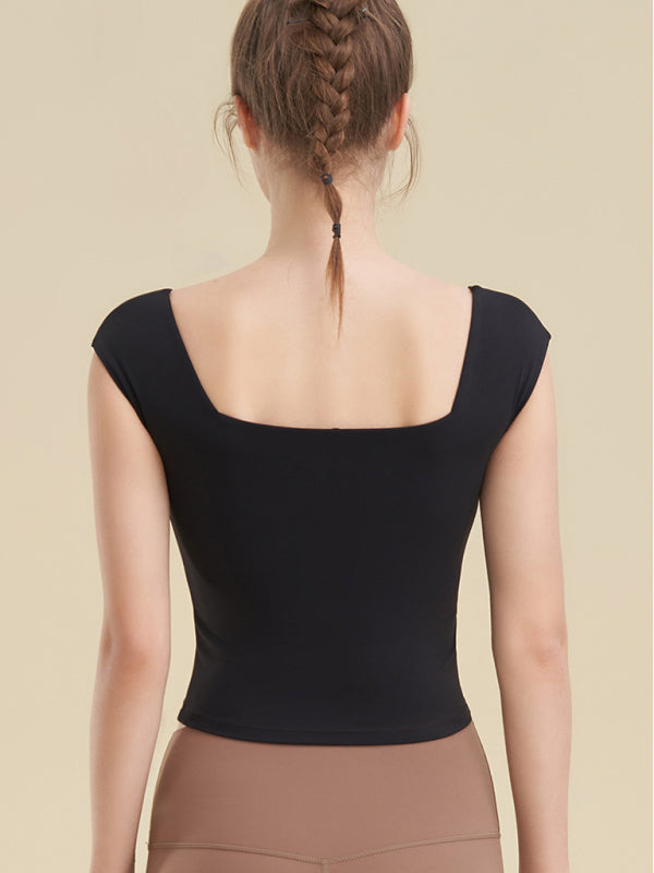 Yoga kıyafetleri için kare yaka, vücuda oturan spor tişört
