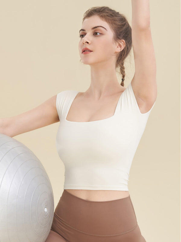 Yoga kıyafetleri için kare yaka, vücuda oturan spor tişört