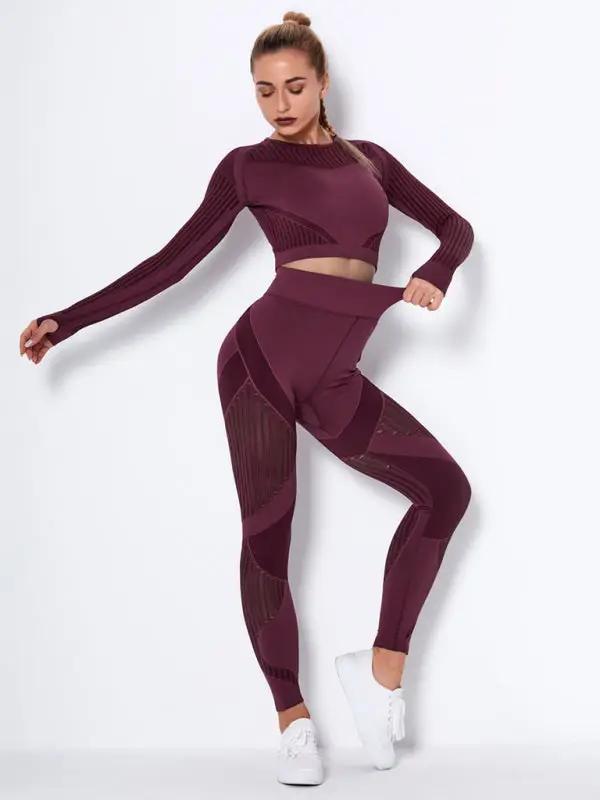 Dikişsiz dar çizgili uzun kollu pantolon, hızlı kuruyan yoga spor giyim seti