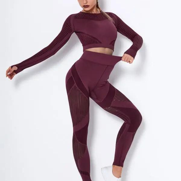 Dikişsiz dar çizgili uzun kollu pantolon, hızlı kuruyan yoga spor giyim seti