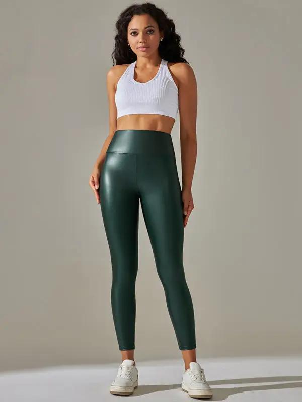 Neu Plus büyük kadın tayt yüksek bel dar seksi PU deri pantolon renkli yoga pantolonları