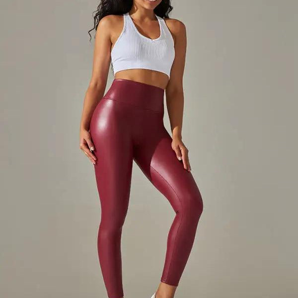Neu Plus büyük kadın tayt yüksek bel dar seksi PU deri pantolon renkli yoga pantolonları