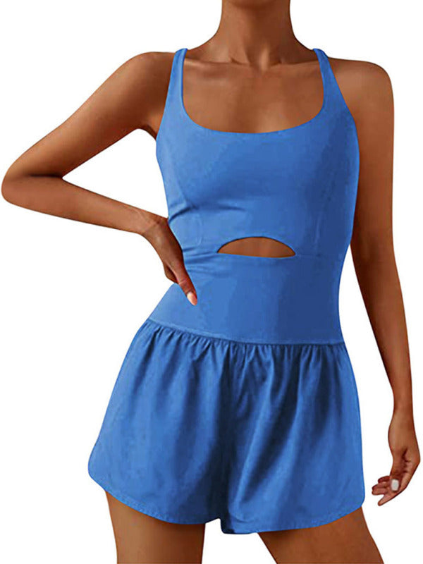 Kadın Güzel Sırt Çift Askılı Dar Jumpsuit Yoga Spor Jumpsuit Şort