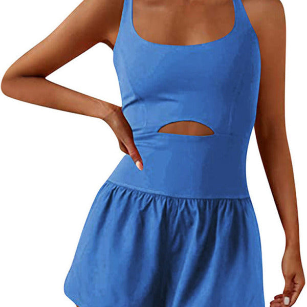 Kadın Güzel Sırt Çift Askılı Dar Jumpsuit Yoga Spor Jumpsuit Şort