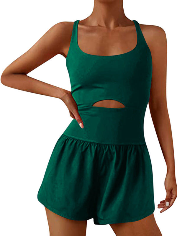 Kadın Güzel Sırt Çift Askılı Dar Jumpsuit Yoga Spor Jumpsuit Şort