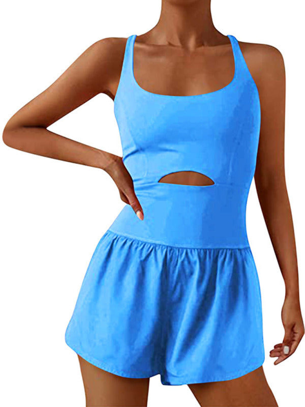 Kadın Güzel Sırt Çift Askılı Dar Jumpsuit Yoga Spor Jumpsuit Şort