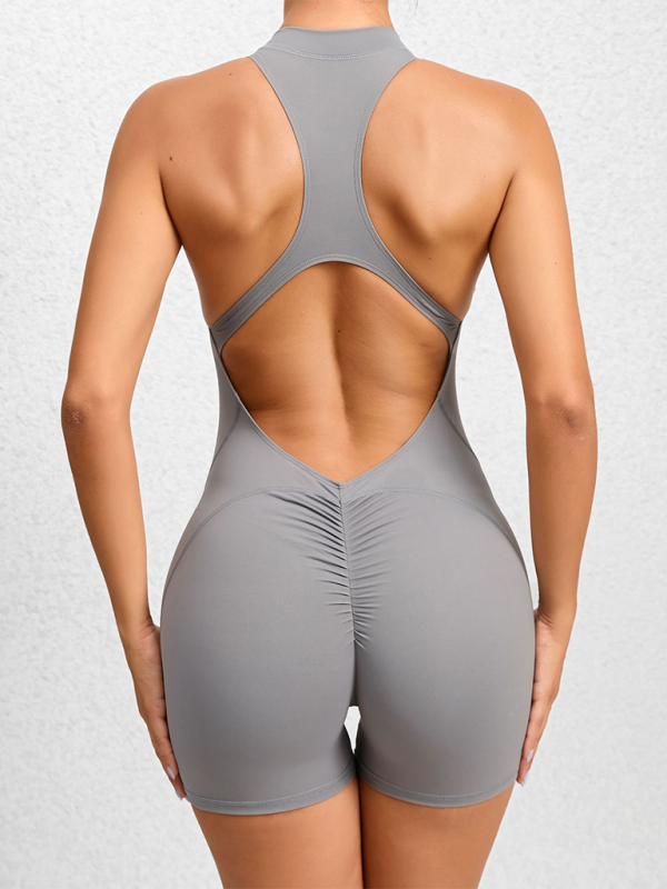 Dar Spor-Yoga Pantolonu, Fermuarlı ve Şeftali Renkli Kalçalar, Tek Parça, Hızla Kuruyan, Plise Detaylı Fitness Tulum
