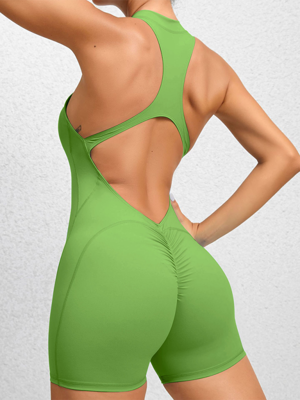 Dar Spor-Yoga Pantolonu, Fermuarlı ve Şeftali Renkli Kalçalar, Tek Parça, Hızla Kuruyan, Plise Detaylı Fitness Tulum