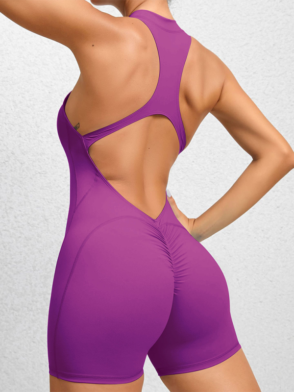 Dar Spor-Yoga Pantolonu, Fermuarlı ve Şeftali Renkli Kalçalar, Tek Parça, Hızla Kuruyan, Plise Detaylı Fitness Tulum
