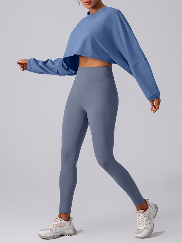 Yuvarlak Yaka Sweatshirt T-Shirt Spor Kısa Temel Tişört Yoga Koşu Rahat Uzun Kollu Tişört