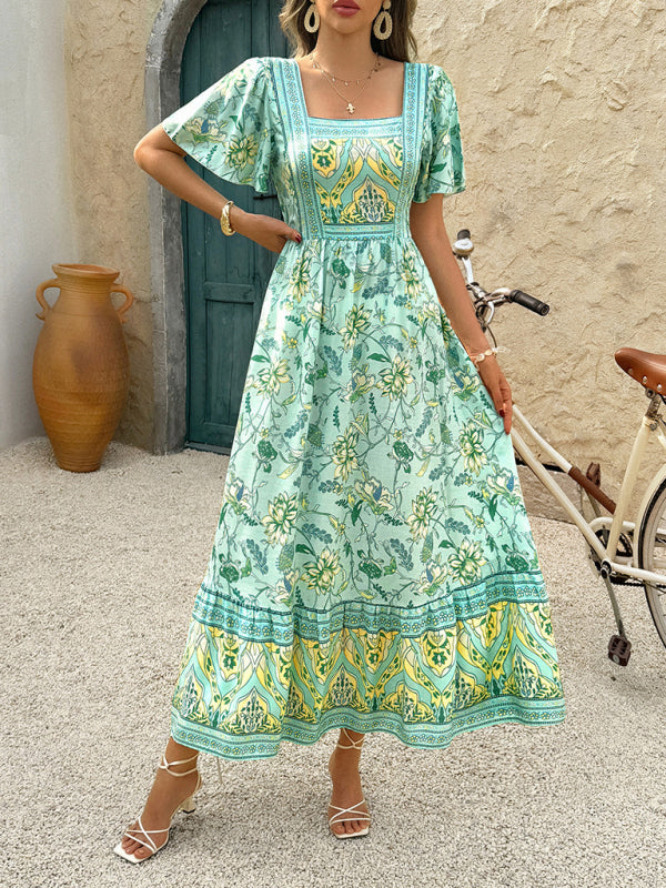 Yaz Tatili İçin Chartreuse Çiçek Desenli A-Line Maxi Elbise