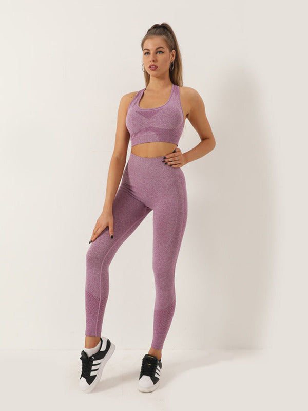 Kadın Dikişsiz Noktalı İki Parçalı Şeftali Bel Pantolonu Racerback Sütyen Spor Takımı