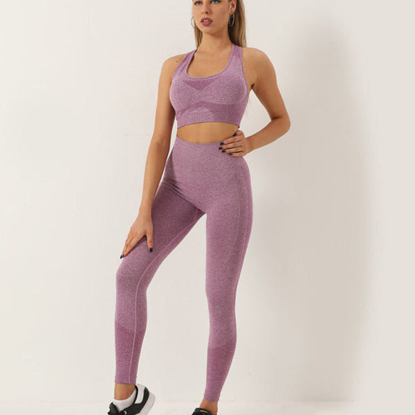 Kadın Dikişsiz Noktalı İki Parçalı Şeftali Bel Pantolonu Racerback Sütyen Spor Takımı