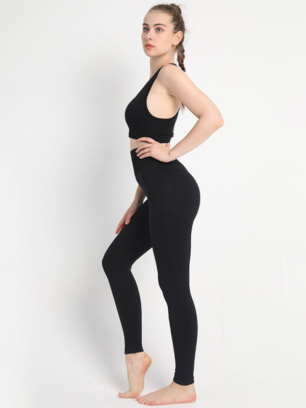 Kadın Dikişsiz Noktalı İki Parçalı Şeftali Bel Pantolonu Racerback Sütyen Spor Takımı